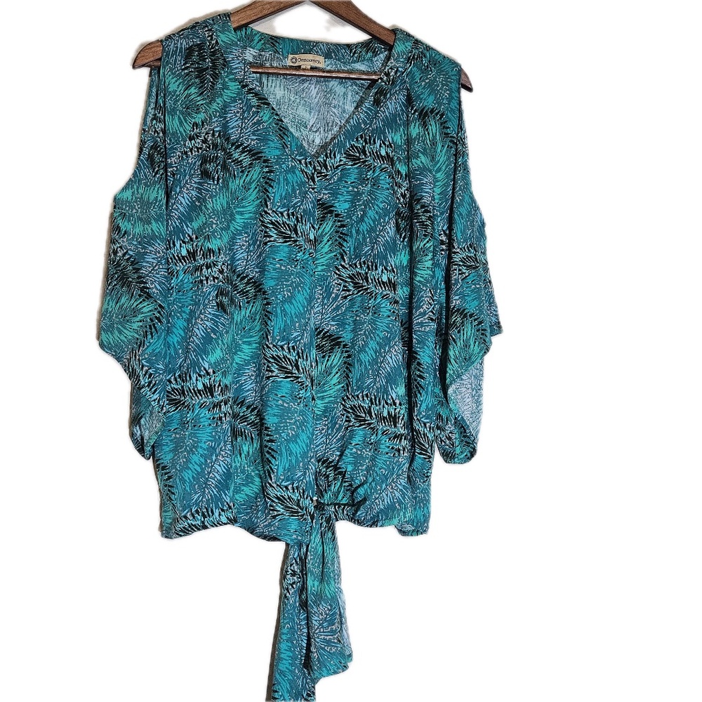 Democracy Shirt Womens Large Teal Palm Leaf Cold‎ Shoulder Tie Front Boho Rayon